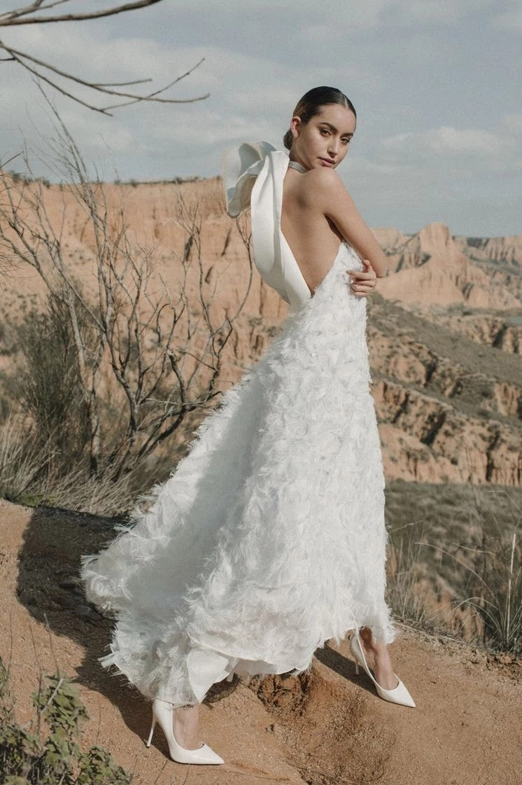 Halter High Low Wedding Dresses Backless Maxi Gowns With Bow Little Tassel DW666 - Halter High Low Wedding Dresses Backless Maxi Gowns With Bow Little Tassel DW666 -