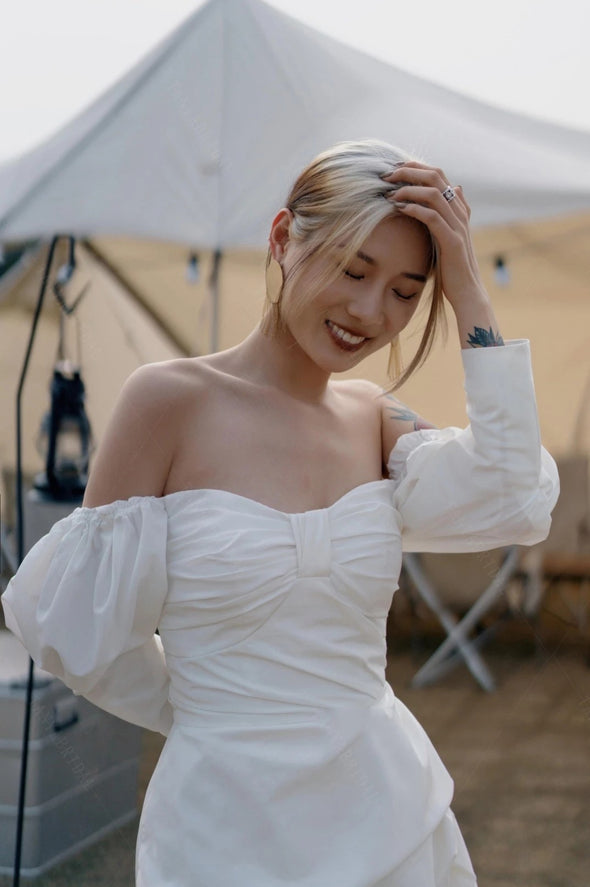Short Mini Taffeta Wedding Dress Off The Shoulder With Detachable Long Tail Korea Noiva ZW735