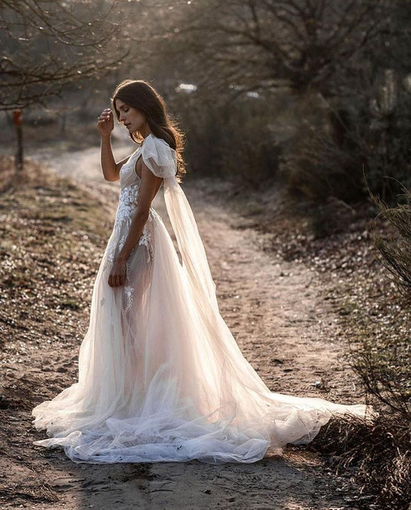One Shoulder A Line Tulle Lace Appliques Wedding Dresses TB1439