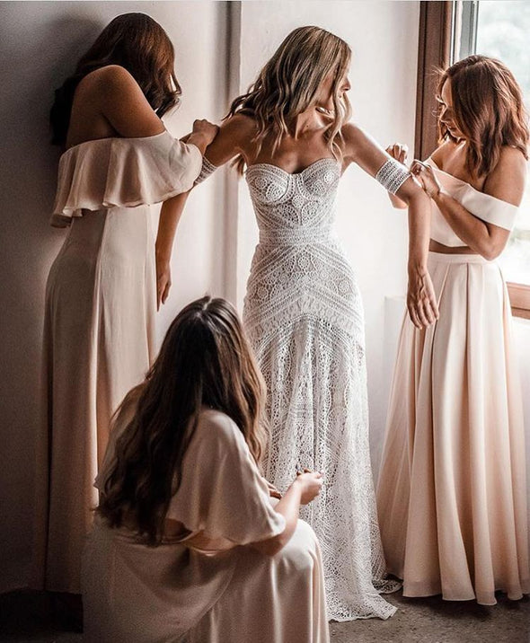 Unique Lace A Line Nude Lining Long Wedding Dresses TB1400