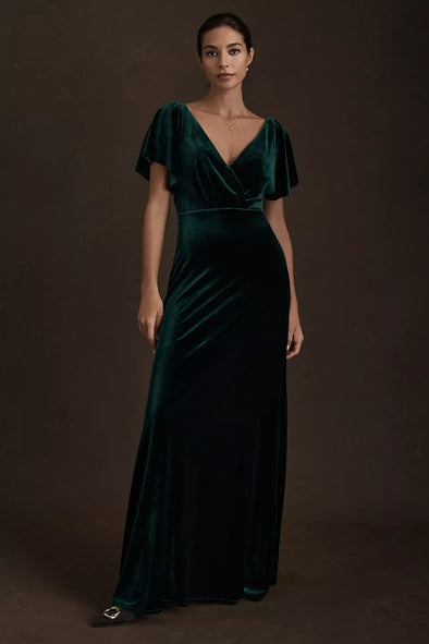 Dark Green Short Flare Sleeves Long Women Formal Evening Party Dress