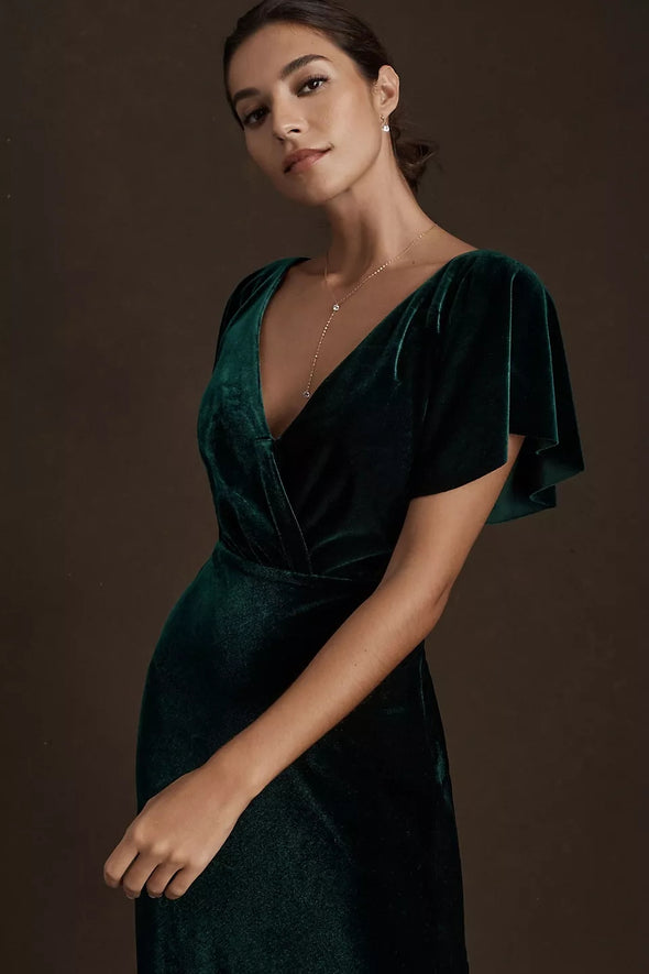 Dark Green Short Flare Sleeves Long Women Formal Evening Party Dress