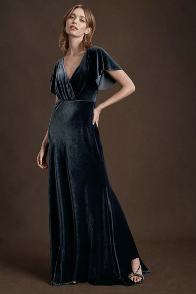 Short Flare Sleeves Long Women Formal Evening Party Dress
