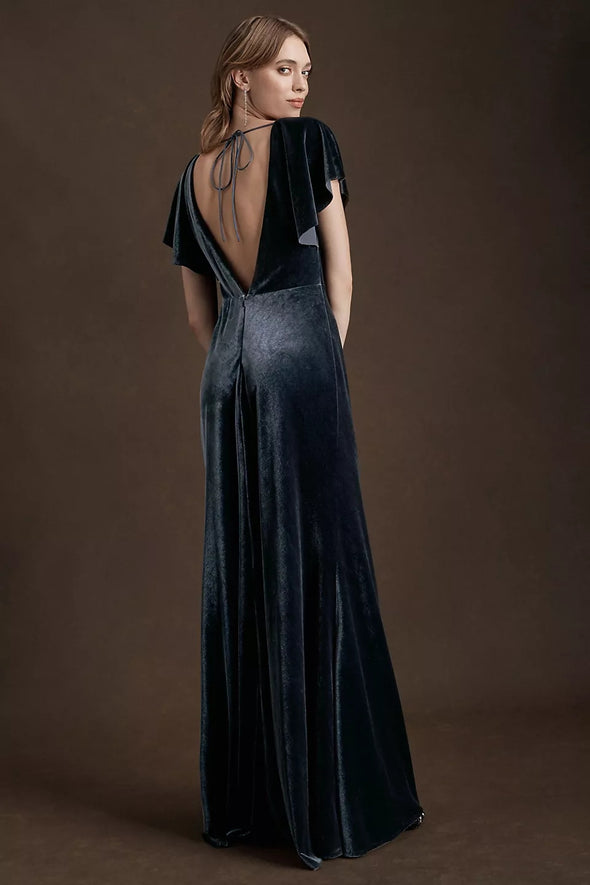 Short Flare Sleeves Long Women Formal Evening Party Dress