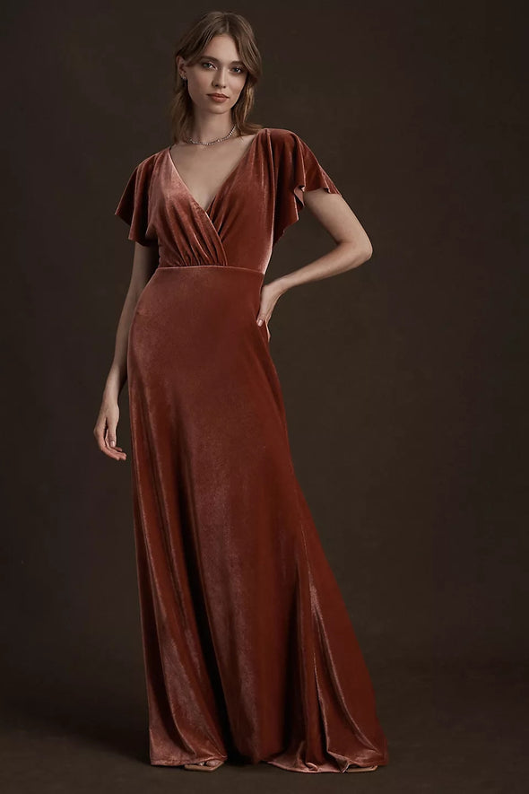 Cinnamon Rose Short Flare Sleeves Long Women Formal Evening Party Dress
