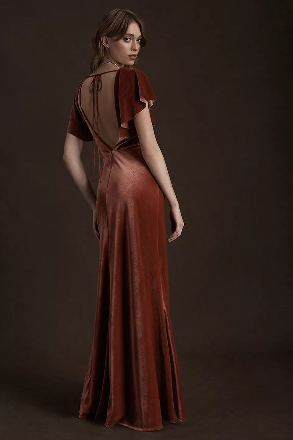 Cinnamon Rose Short Flare Sleeves Long Women Formal Evening Party Dres TANYA BRIDAL Cinnamon Rose Short Flare Sleeves Long Women Formal Evening Party Dres TANYA BRIDAL