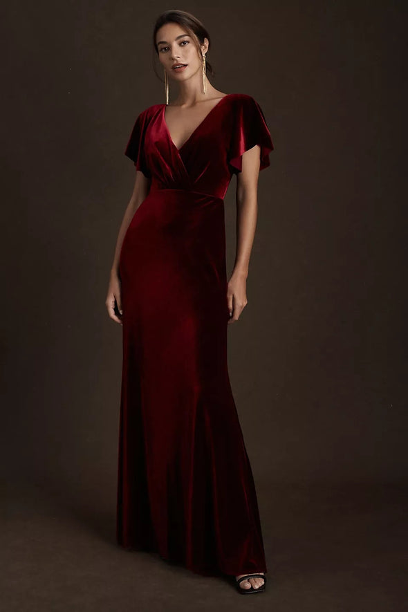 Dark Red Short Flare Sleeves Long Women Formal Evening Party Dress