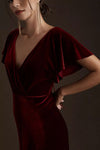 Dark Red Short Flare Sleeves Long Women Formal Evening Party Dress