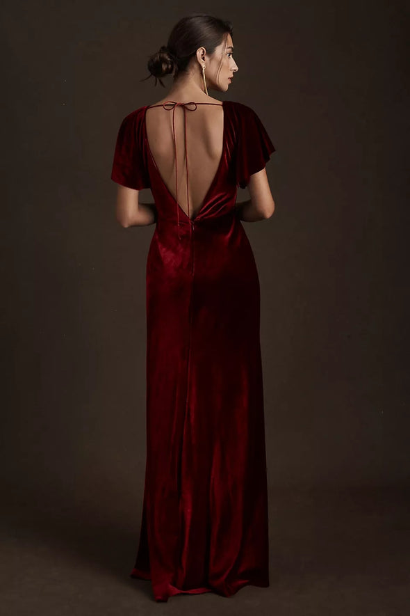 Dark Red Short Flare Sleeves Long Women Formal Evening Party Dress