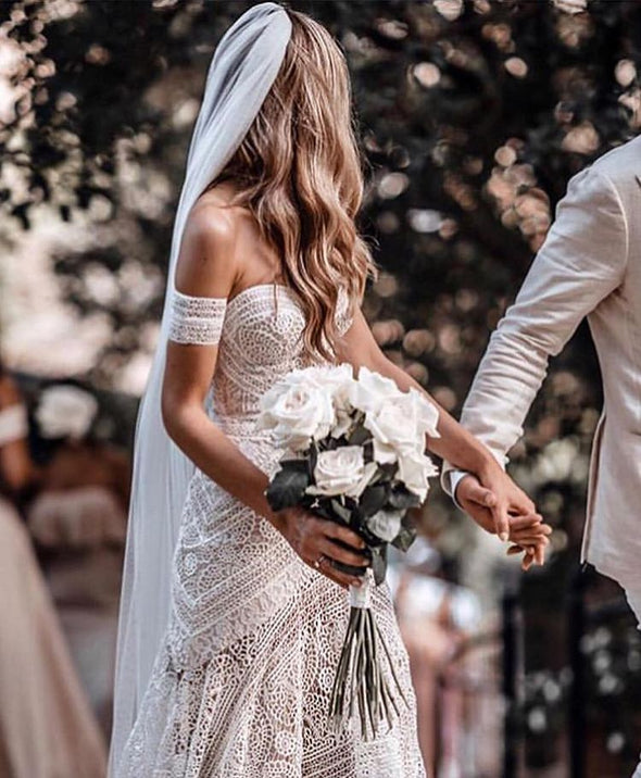Unique Lace A Line Nude Lining Long Wedding Dresses TB1400