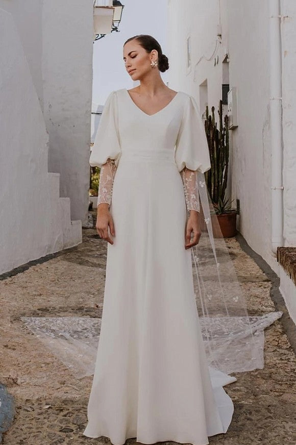 Soft Satin Long Sleeve Wedding Dresses V-Neck Backless Chic ZW718 TANYA BRIDAL Soft Satin Long Sleeve Wedding Dresses V-Neck Backless Chic ZW718 TANYA BRIDAL
