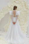 Bohemian A Line Long Tulle Bridal Gown V Neck Full Sleeves