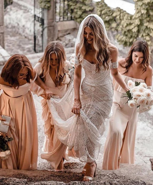 Unique Lace A Line Nude Lining Long Wedding Dresses TB1400