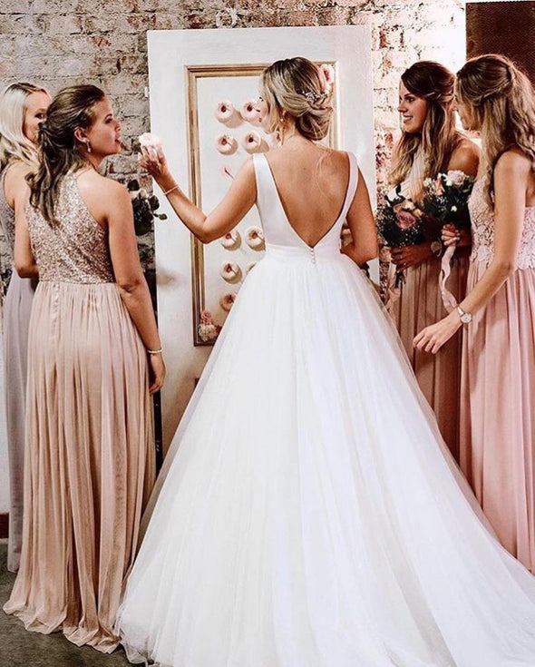 V Back Long Simple A Line Wedding Dress TB1420