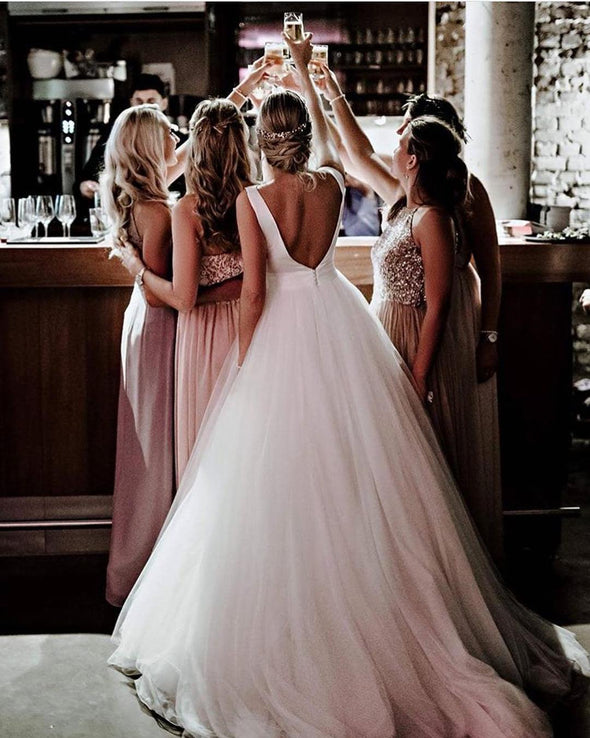 V Back Long Simple A Line Wedding Dress TB1420