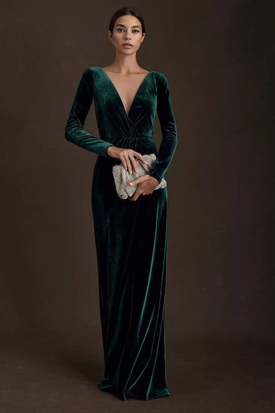 Elegant Green Long Sleeves V Neck Maxi Women Evening Dress