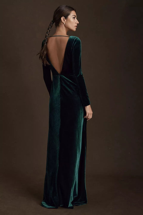 Elegant Green Long Sleeves V Neck Maxi Women Evening Dress