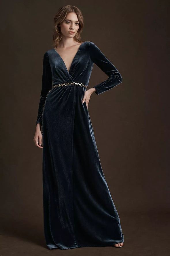 French Blue Long Sleeves V Neck Maxi Women Evening Dress