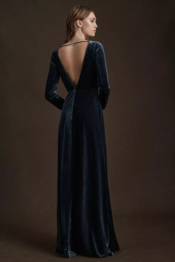 French Blue Long Sleeves V Neck Maxi Women Evening Dress