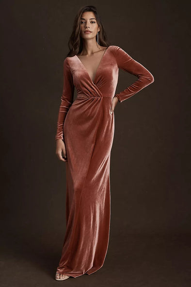 Cinnamon Rose Long Sleeves V Neck Maxi Women Evening Dress