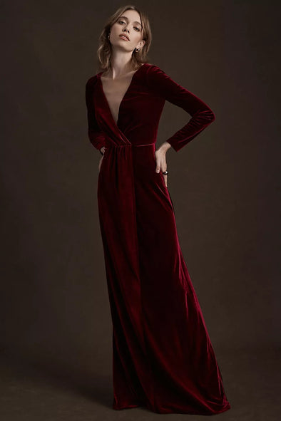 Long Sleeves V Neck Maxi Women Evening Dress