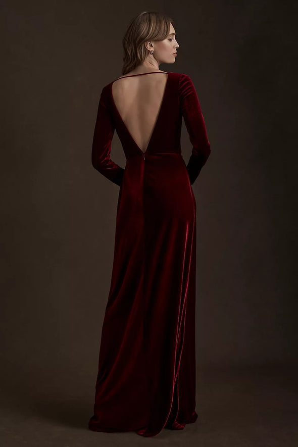 Long Sleeves V Neck Maxi Women Evening Dress