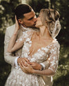 A Line Short Sleeves Lace Wedding Dress V Neck TB1429