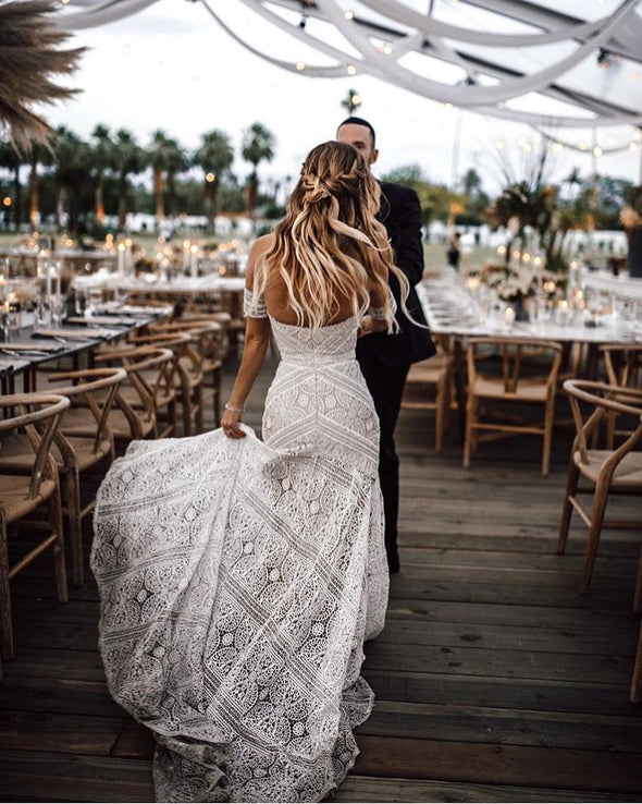 Unique Lace A Line Nude Lining Long Wedding Dresses TB1400