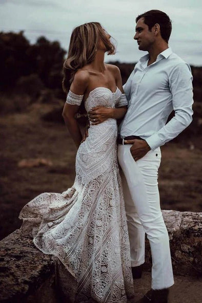 Off The Shoulder Sweetheart Long Lace Sheath Wedding Dress