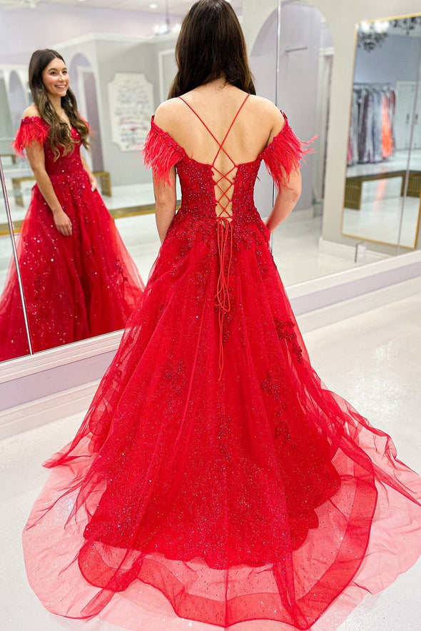 Red Prom Dresses Lace Appliques With Feather Strap Sleeves