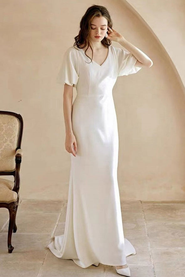 Elegant V Neck Short Sleeves Mermaid Simple Wedding Dress