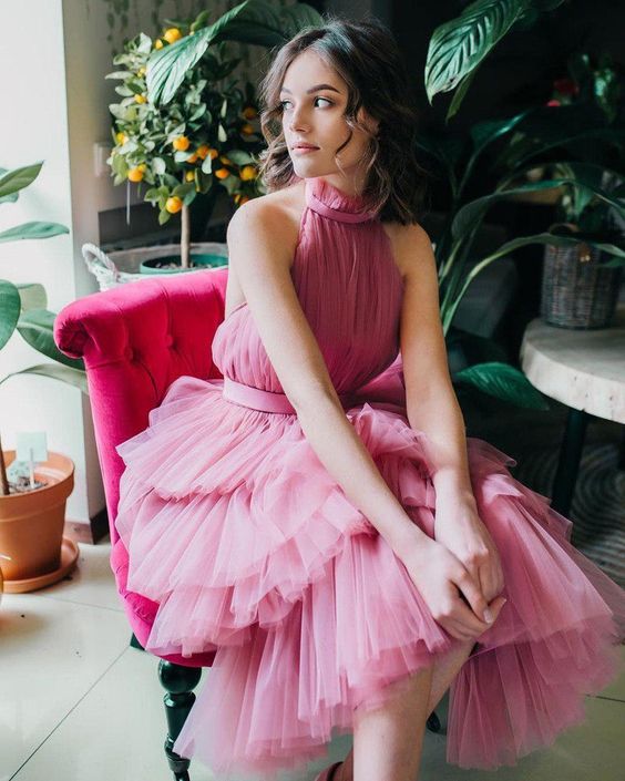 tulle tiered dress Dusty Pink Tiered Tulle Prom Dresses Halter Coral Homecoming Party Gow – TANYA BRIDAL