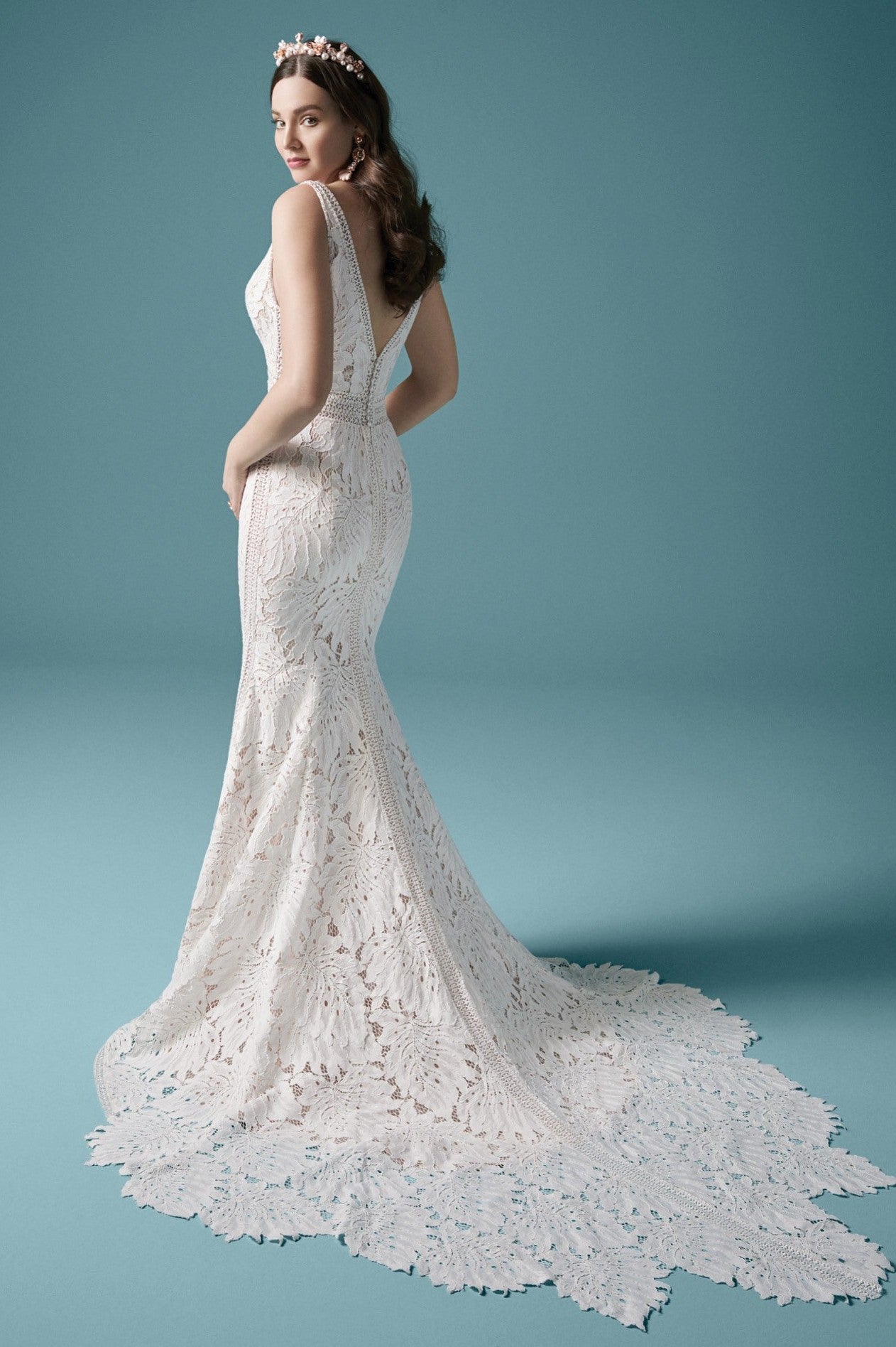 Mermaid V Neck Sleeveless Leaf Lace Wedding Dress SPF076 TANYA BRIDAL Mermaid V Neck Sleeveless Leaf Lace Wedding Dress SPF076 TANYA BRIDAL