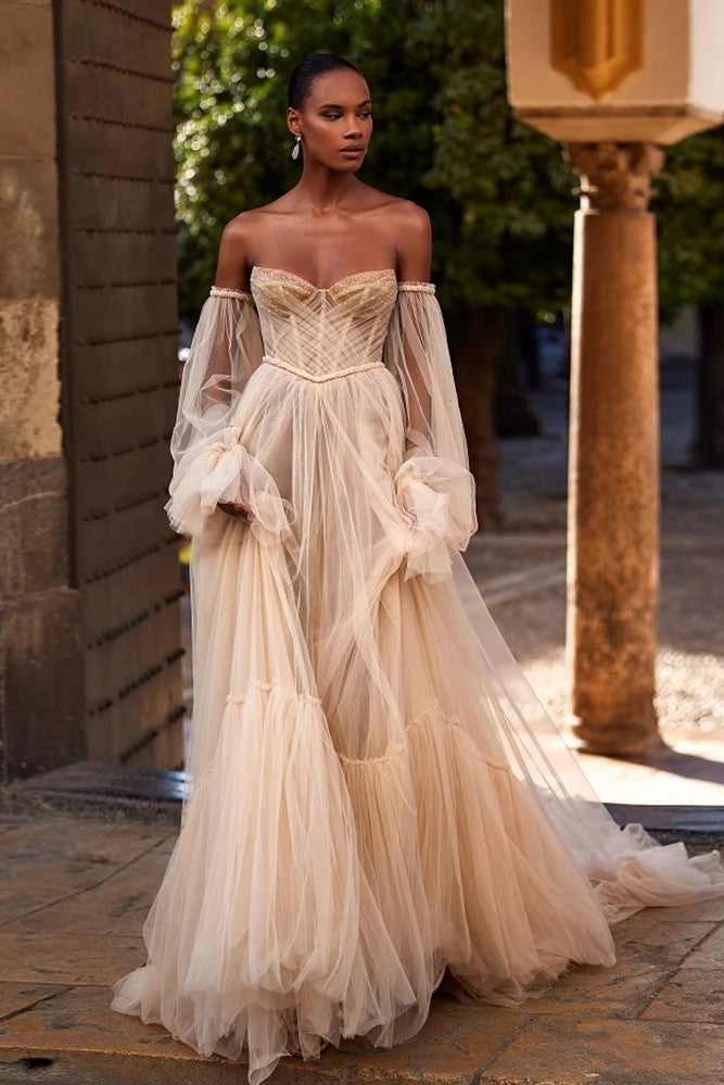 Chaampagne Wedding Dresses Layers Tulle With Detachable Sleeves ZW942 –  TANYA BRIDAL