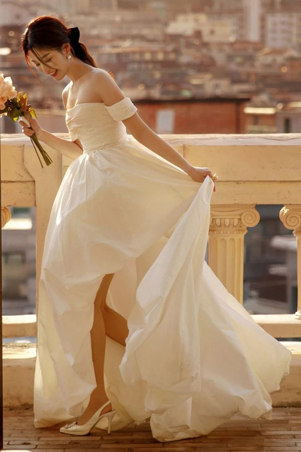 Taffeta High Low Fashion Wedding Dresses Puff Skirts With Detachable Sleeves ZW694