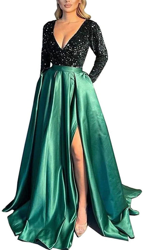 A Line V Neck Long Sleeves Women Evening Dress With Pockets