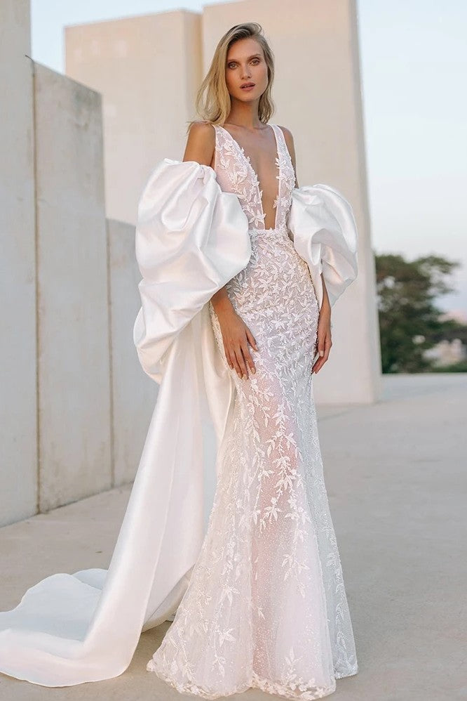 Satin Puffy Sleeved Cape Wedding Jacket With Train Accessories DJ183 – TANYA BRIDAL Satin Puffy Sleeved Cape Wedding Jacket With Train Accessories DJ183 – TANYA BRIDAL