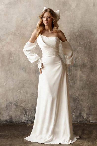 Soft Satin A Line Wedding Dresses With Detachable Sleeves DW672