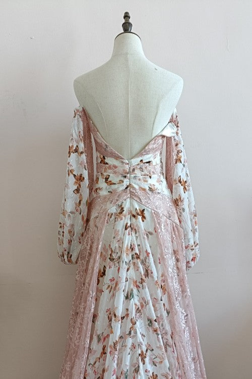 Boho Print Chiffon Beach Wedding Dress Lantern Sleeve DW521