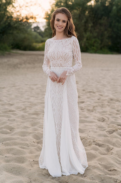 Long Sleeve Unique Lace A Line Wedding Dresses Chic DW699