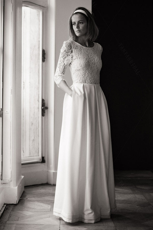 Half Sleeve A Line Wedding Dresses Backless Lace Top With Ribbon Back ZW806