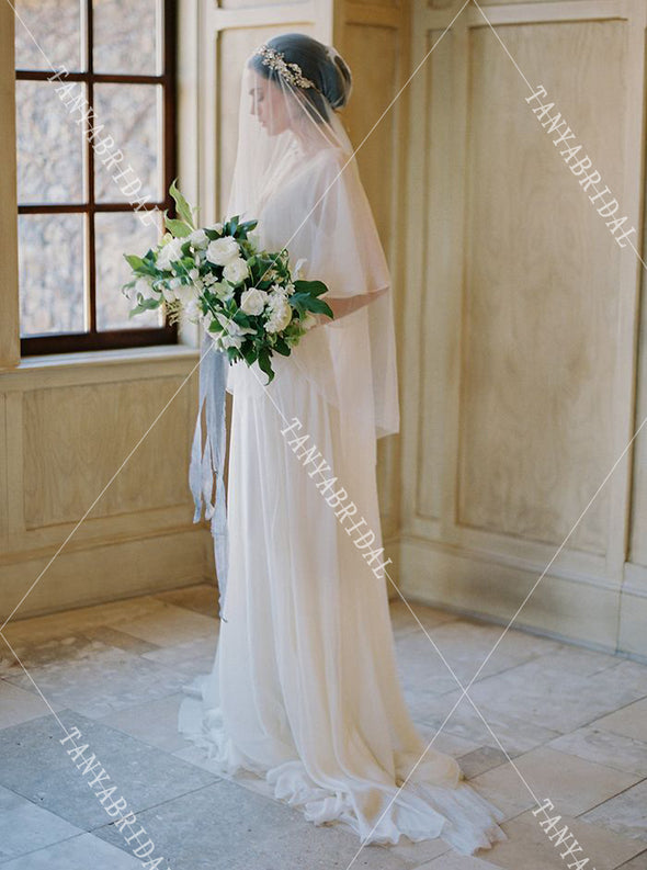 Ruffles Sleeve Deep V-Neck A Line Wedding Dresses DW407