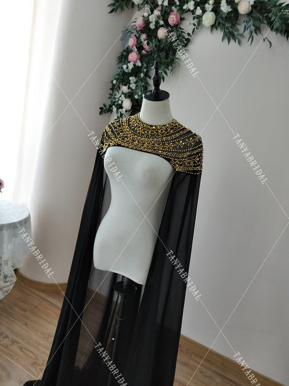 Black Luxury Beaded Wedding Cape Gold Beads Fashion Bridal Shawl Afrcan Event Evening Accessories Long Cape DJ131