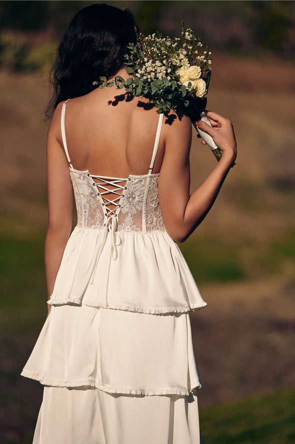 A Line Boho Lace Up Back Side Slit Beach Wedding Dresses Chic ZW840