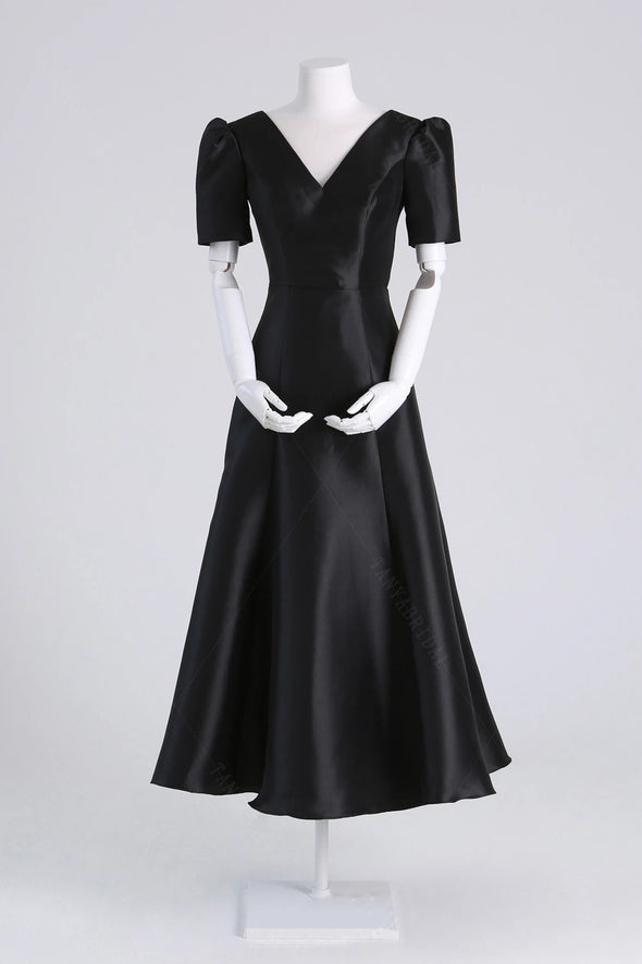 Short Sleeve Black Satin Wedding Dresses V-Neck DW704