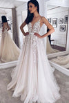 A Line V Neck Light Champagne Appliques Modest Wedding Dresses