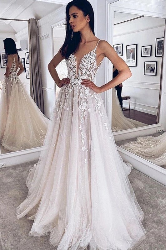 A Line V Neck Light Champagne Appliques Modest Wedding Dresses - A Line V Neck Light Champagne Appliques Modest Wedding Dresses -