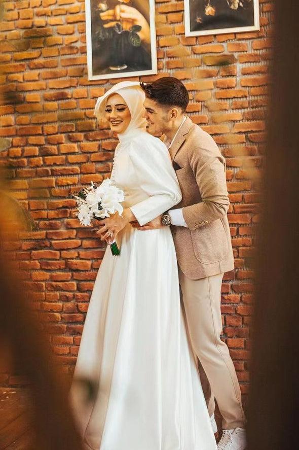 Modest A Line Puffy Shoulder Full Sleeve Arabic Muslim Wedding Dress