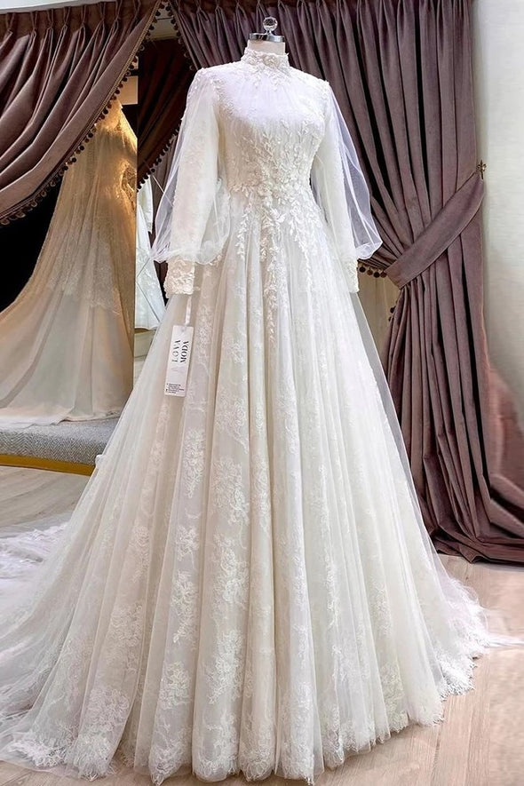 Elegant High Collar Lace Tulle Muslim Wedding Bridal Dress