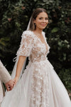 Little Flowers 3D Lace Wedding Dresses Short Sleeve Noivas ZW890